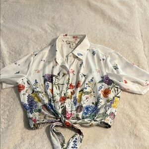 Rachel Zoe White Floral Tie-Front Crop Blouse